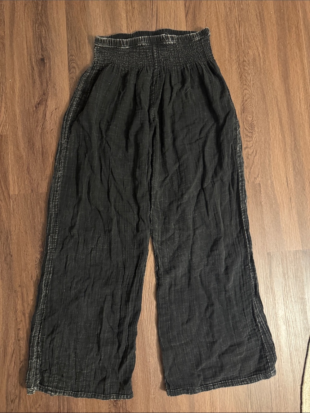 Black Smocked-Waist Wide-Leg Pants